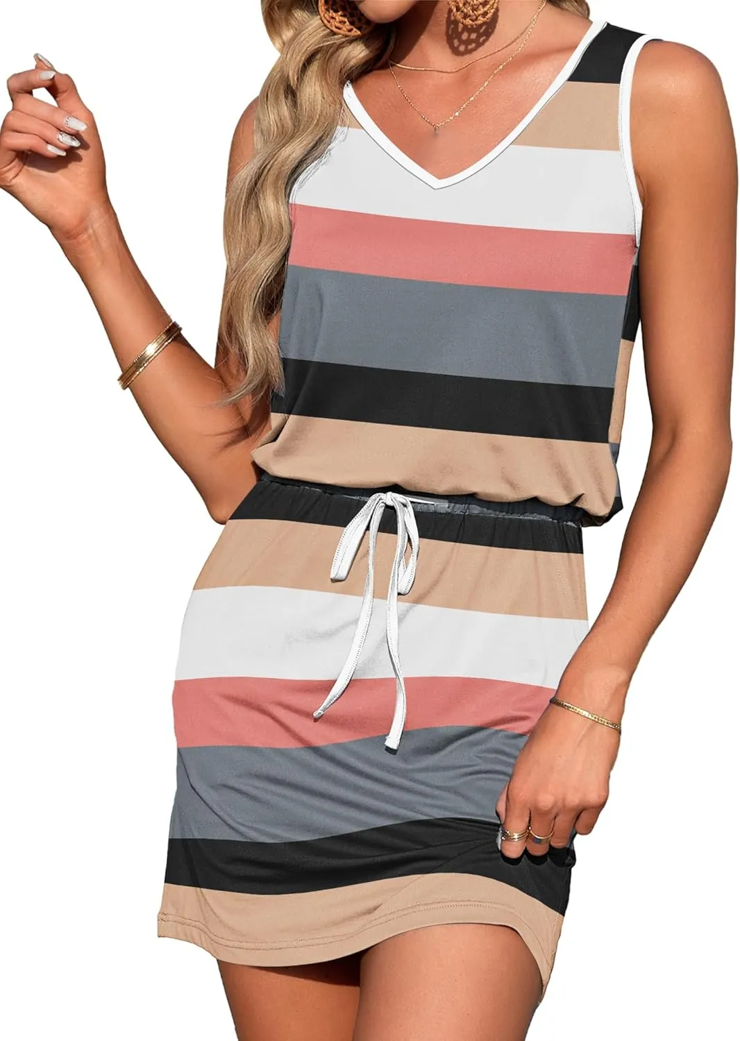 AUSELILY Womens Summer Dresses Casual Sleeveless V-Neck Drawstring Waist Beach Cover up Mini Short Swing Dress with Pockets
