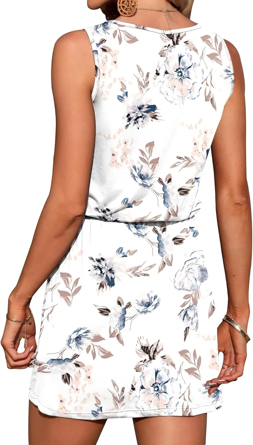 AUSELILY Womens Summer Dresses Casual Sleeveless V-Neck Drawstring Waist Beach Cover up Mini Short Swing Dress with Pockets