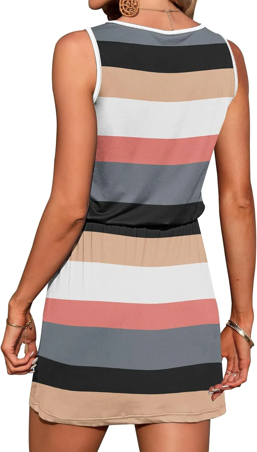 AUSELILY Womens Summer Dresses Casual Sleeveless V-Neck Drawstring Waist Beach Cover up Mini Short Swing Dress with Pockets