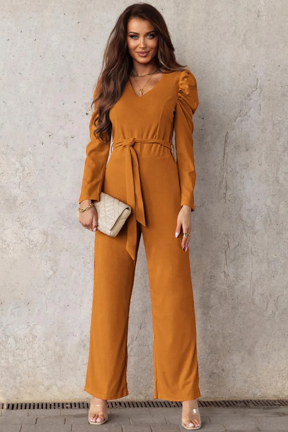 BLENCOT Jumpsuit Long Sleeve Casual V Neck Belted Wide Leg Formal Rompers Jumpsuit
