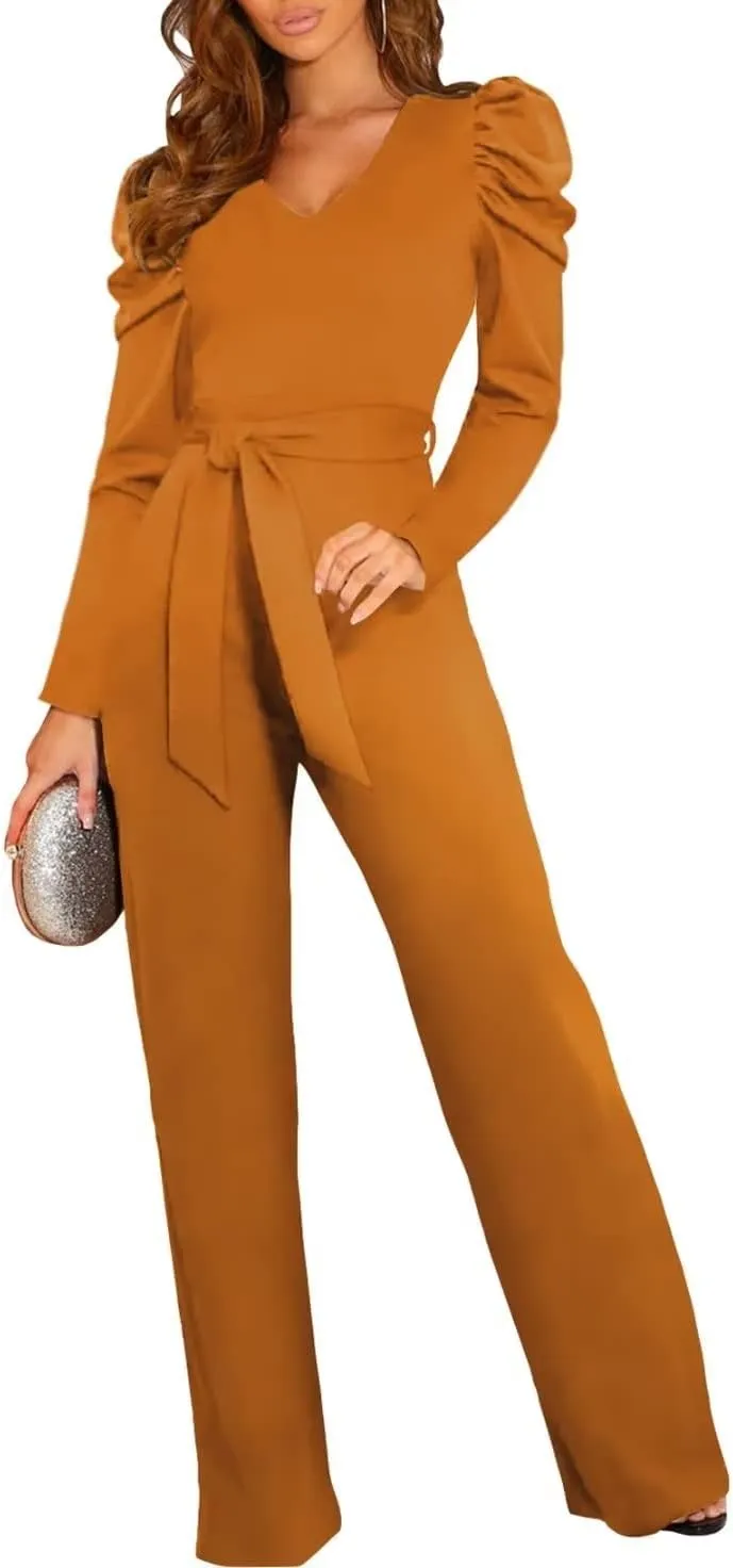 BLENCOT Jumpsuit Long Sleeve Casual V Neck Belted Wide Leg Formal Rompers Jumpsuit