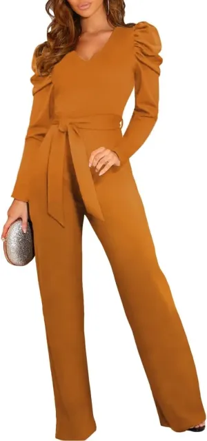 BLENCOT Jumpsuit Long Sleeve Casual V Neck Belted Wide Leg Formal Rompers Jumpsuit