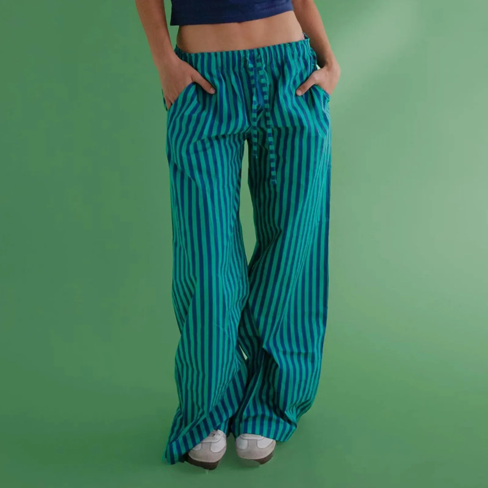 Bonnyshow Women's Y2K Retro Vintage Casual Striped/Solid Long Pants Button Elastic High Waist Aesthetic Loose Straight Trousers