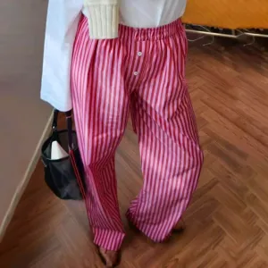 Bonnyshow Women's Y2K Retro Vintage Casual Striped/Solid Long Pants Button Elastic High Waist Aesthetic Loose Straight Trousers