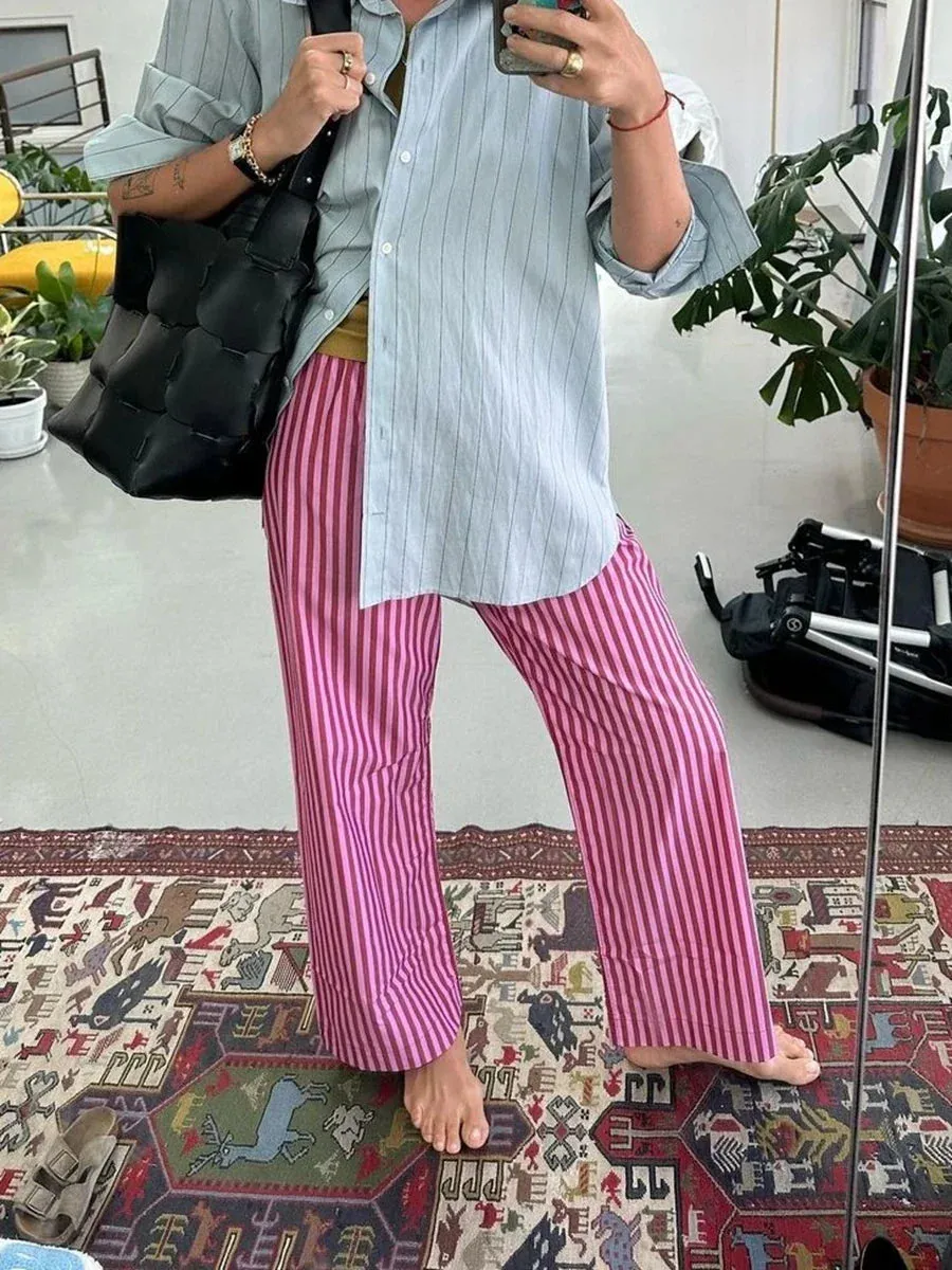 Bonnyshow Women's Y2K Retro Vintage Casual Striped/Solid Long Pants Button Elastic High Waist Aesthetic Loose Straight Trousers