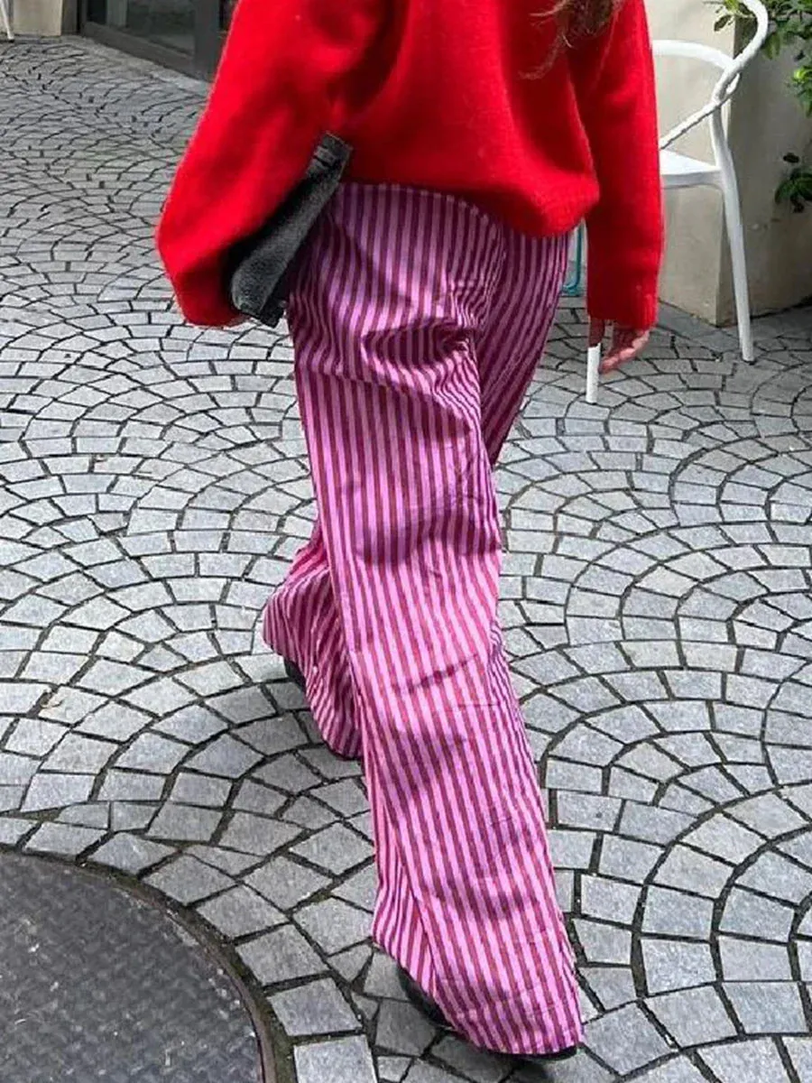 Bonnyshow Women's Y2K Retro Vintage Casual Striped/Solid Long Pants Button Elastic High Waist Aesthetic Loose Straight Trousers