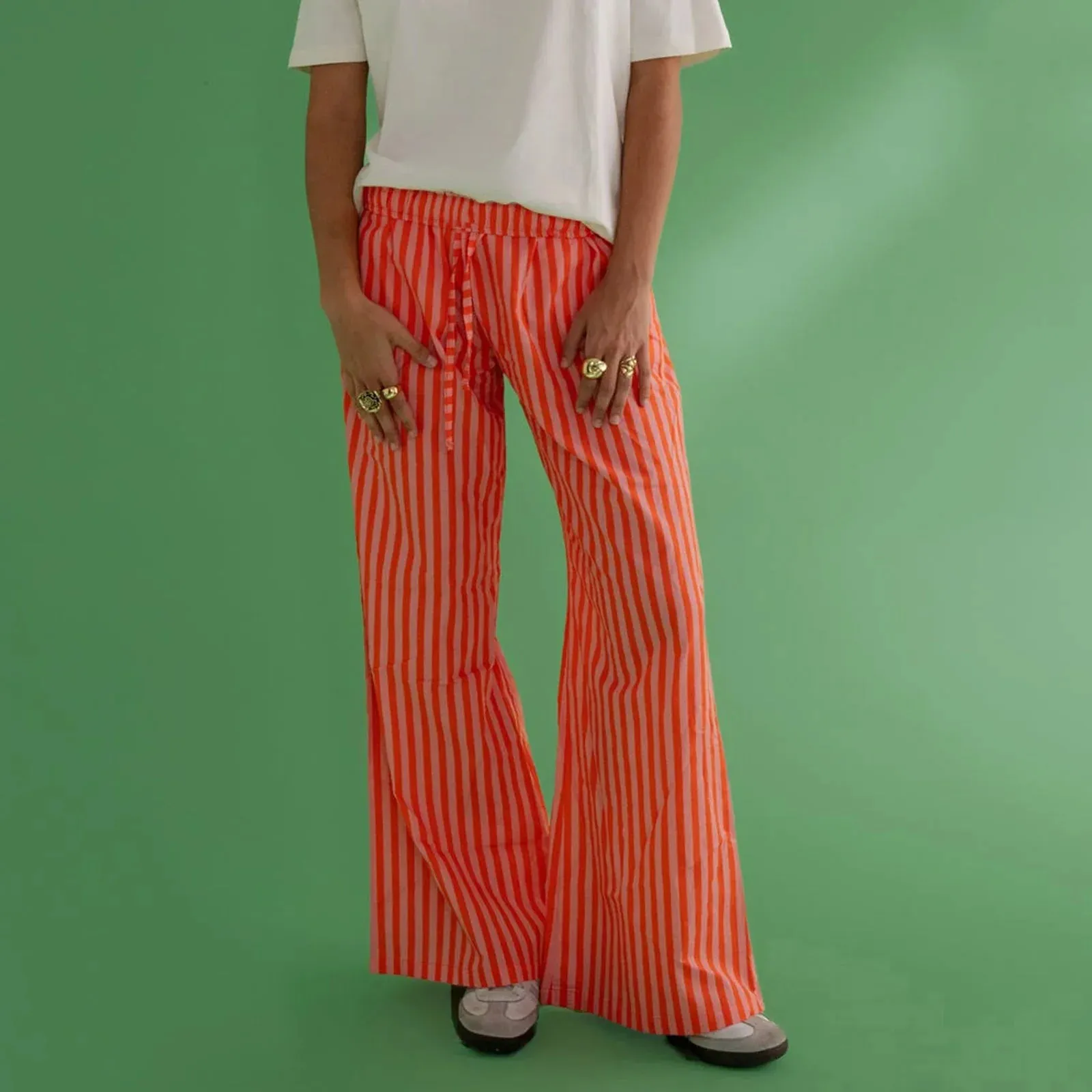 Bonnyshow Women's Y2K Retro Vintage Casual Striped/Solid Long Pants Button Elastic High Waist Aesthetic Loose Straight Trousers