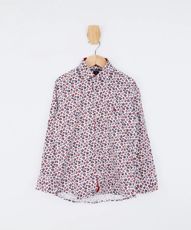 Boys Slim Fit Casual Paisley Shirt - White- Red