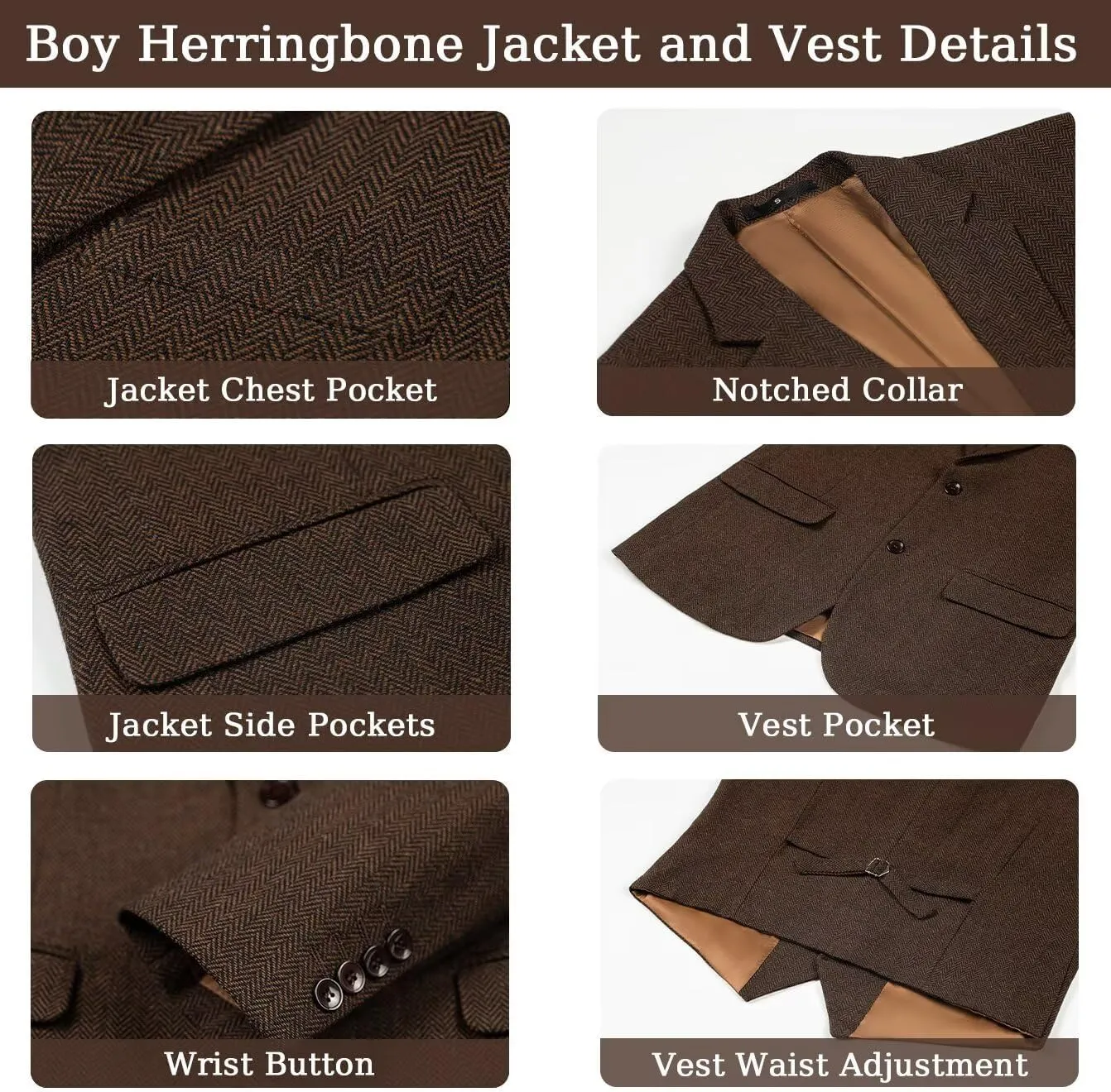 Boy's Suit Herringbone Tweed Blazer Slim Fit Kids Winter 1920s Retro Vintage Formal Wedding Prom Tuxedo Jacket Vest Pants Tie