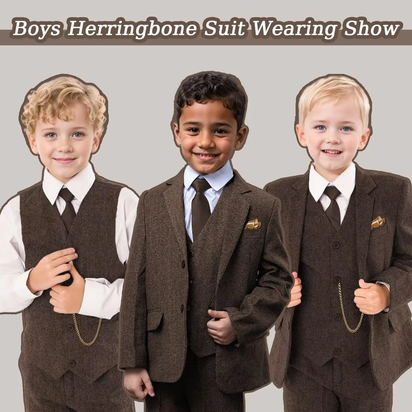 Boy's Suit Herringbone Tweed Blazer Slim Fit Kids Winter 1920s Retro Vintage Formal Wedding Prom Tuxedo Jacket Vest Pants Tie