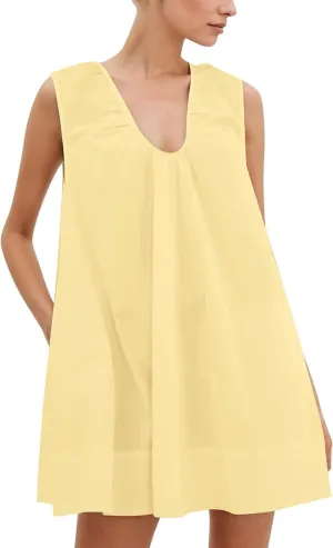 Bubble Babydoll Dress for Women Sleeveless Ruched U Neck Tank Mini Dresses Casual Summer Puffy Dress