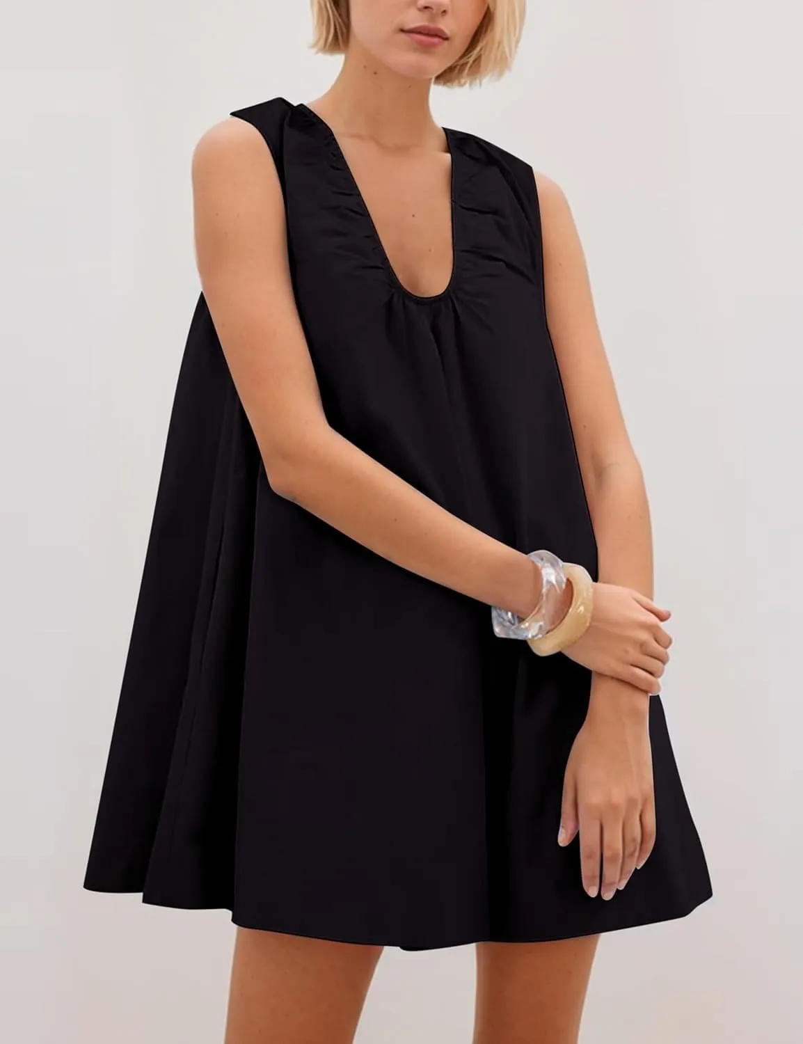 Bubble Babydoll Dress for Women Sleeveless Ruched U Neck Tank Mini Dresses Casual Summer Puffy Dress