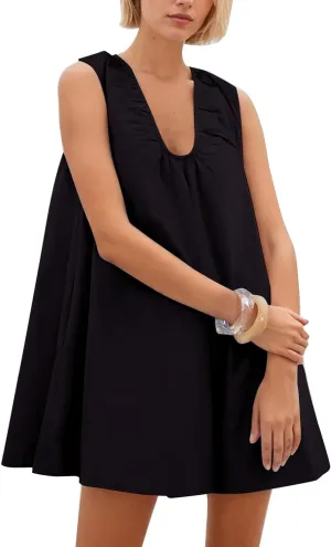 Bubble Babydoll Dress for Women Sleeveless Ruched U Neck Tank Mini Dresses Casual Summer Puffy Dress
