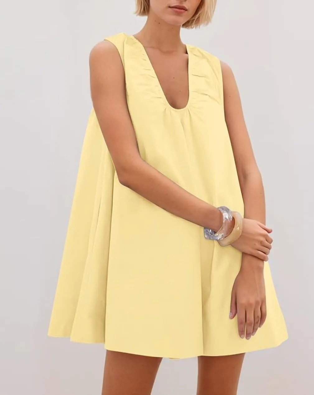 Bubble Babydoll Dress for Women Sleeveless Ruched U Neck Tank Mini Dresses Casual Summer Puffy Dress