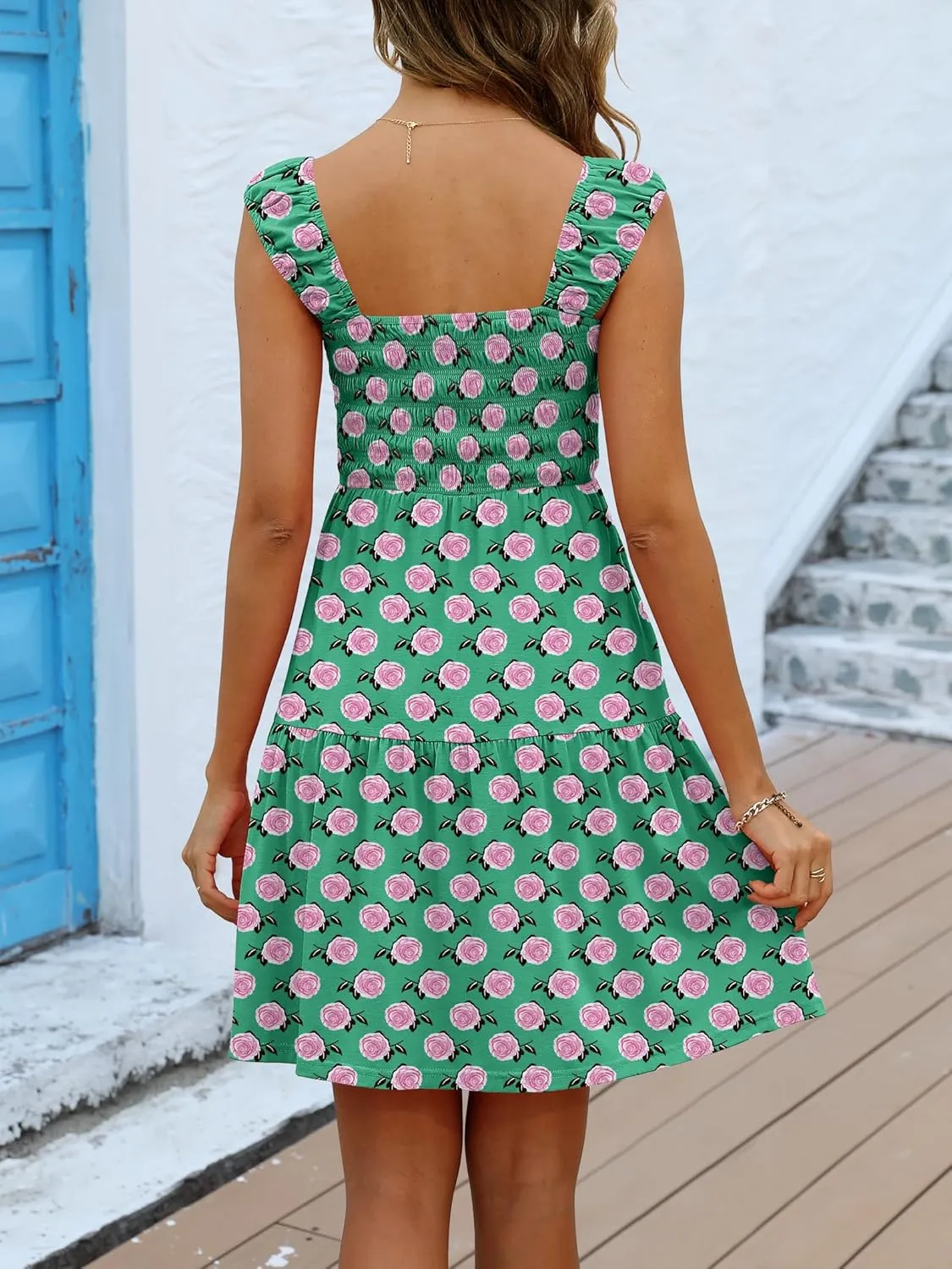 Caracilia Sundresses for Women 2025 Summer Boho Sleeveless Smocked Square Neck Mini Dress Cover Up Beach Vacation Clothes
