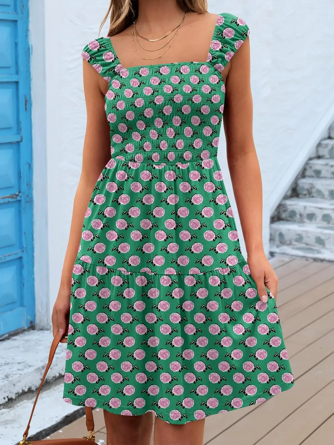 Caracilia Sundresses for Women 2025 Summer Boho Sleeveless Smocked Square Neck Mini Dress Cover Up Beach Vacation Clothes