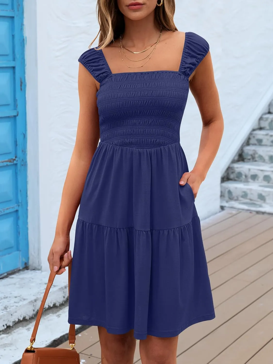 Caracilia Sundresses for Women 2025 Summer Boho Sleeveless Smocked Square Neck Mini Dress Cover Up Beach Vacation Clothes