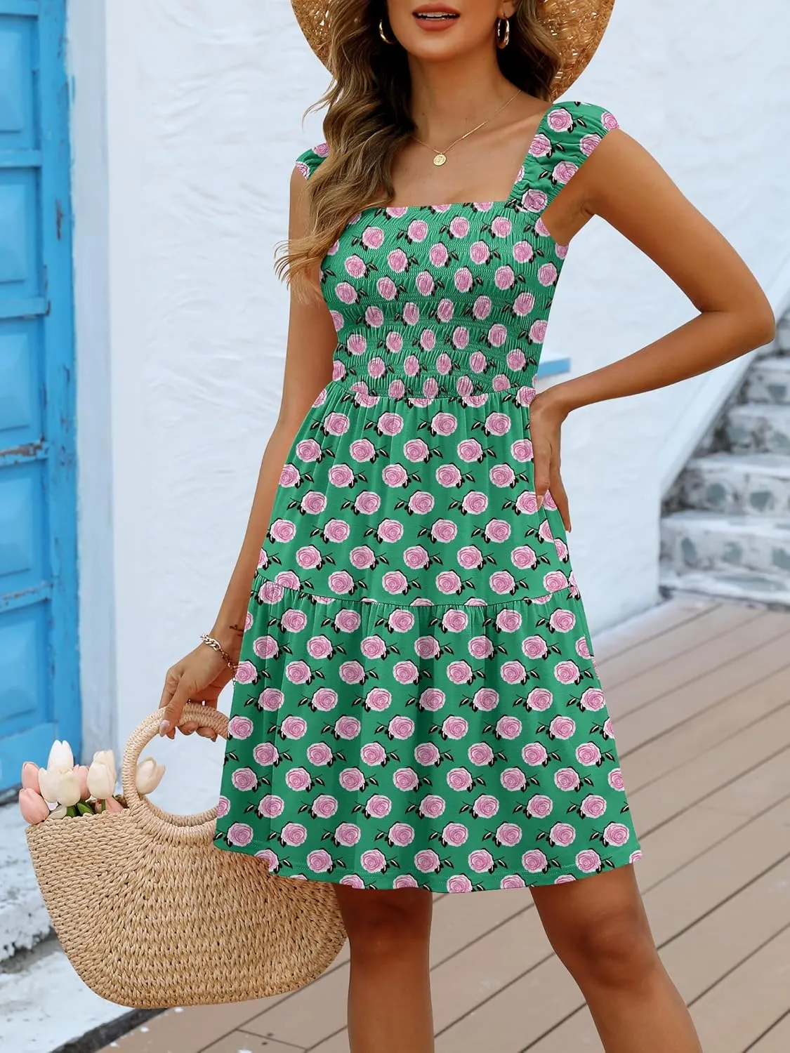 Caracilia Sundresses for Women 2025 Summer Boho Sleeveless Smocked Square Neck Mini Dress Cover Up Beach Vacation Clothes
