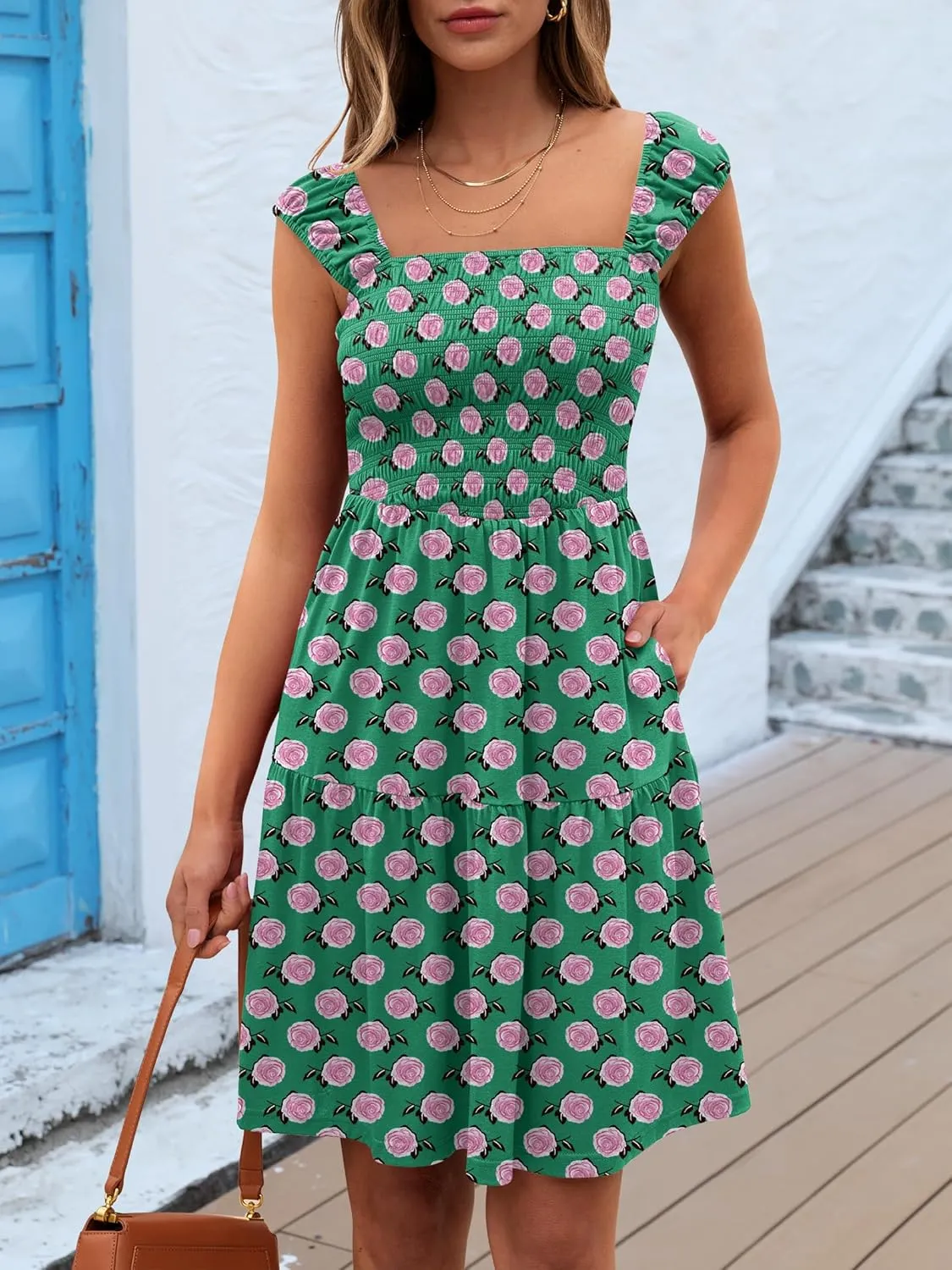 Caracilia Sundresses for Women 2025 Summer Boho Sleeveless Smocked Square Neck Mini Dress Cover Up Beach Vacation Clothes