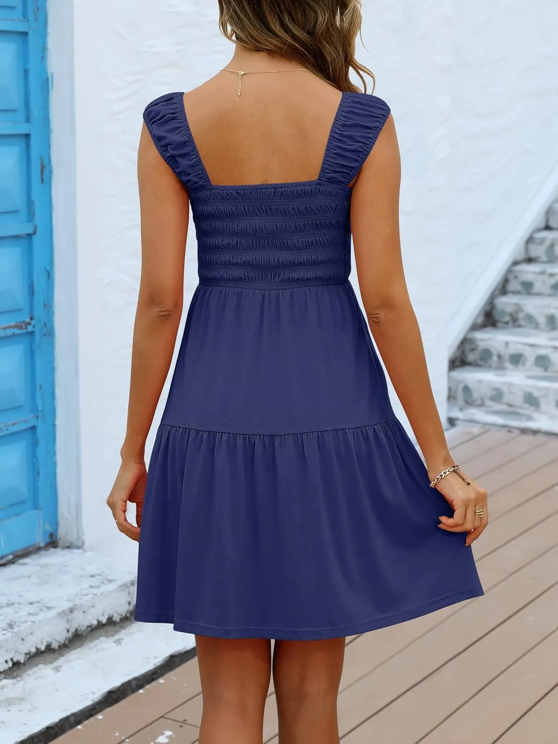 Caracilia Sundresses for Women 2025 Summer Boho Sleeveless Smocked Square Neck Mini Dress Cover Up Beach Vacation Clothes