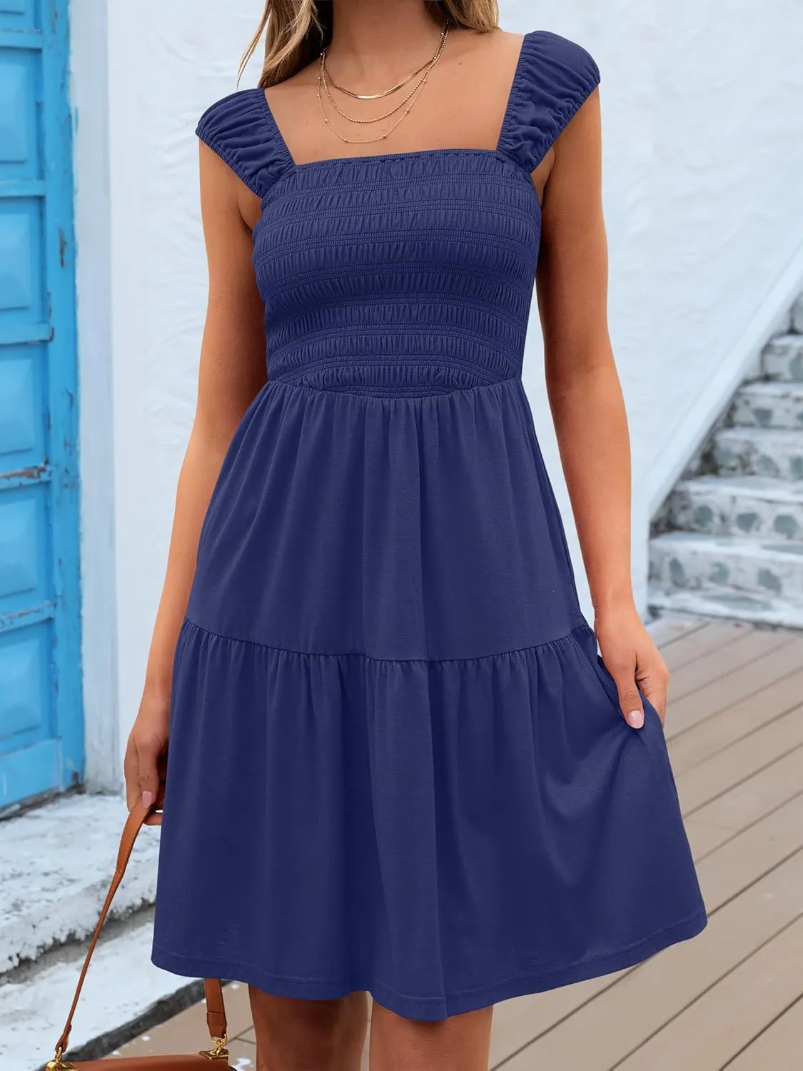 Caracilia Sundresses for Women 2025 Summer Boho Sleeveless Smocked Square Neck Mini Dress Cover Up Beach Vacation Clothes