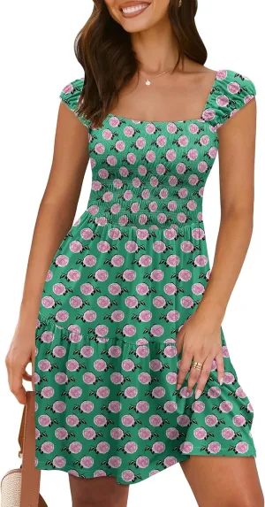 Caracilia Sundresses for Women 2025 Summer Boho Sleeveless Smocked Square Neck Mini Dress Cover Up Beach Vacation Clothes
