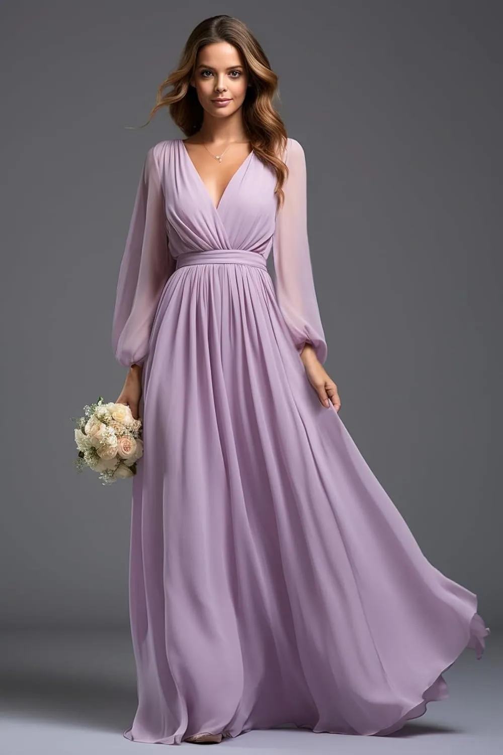 Chiffon Bridesmaid Dresses for Wedding with Sleeves Long Slit V-Neck Prom Dress for Women Formal B039