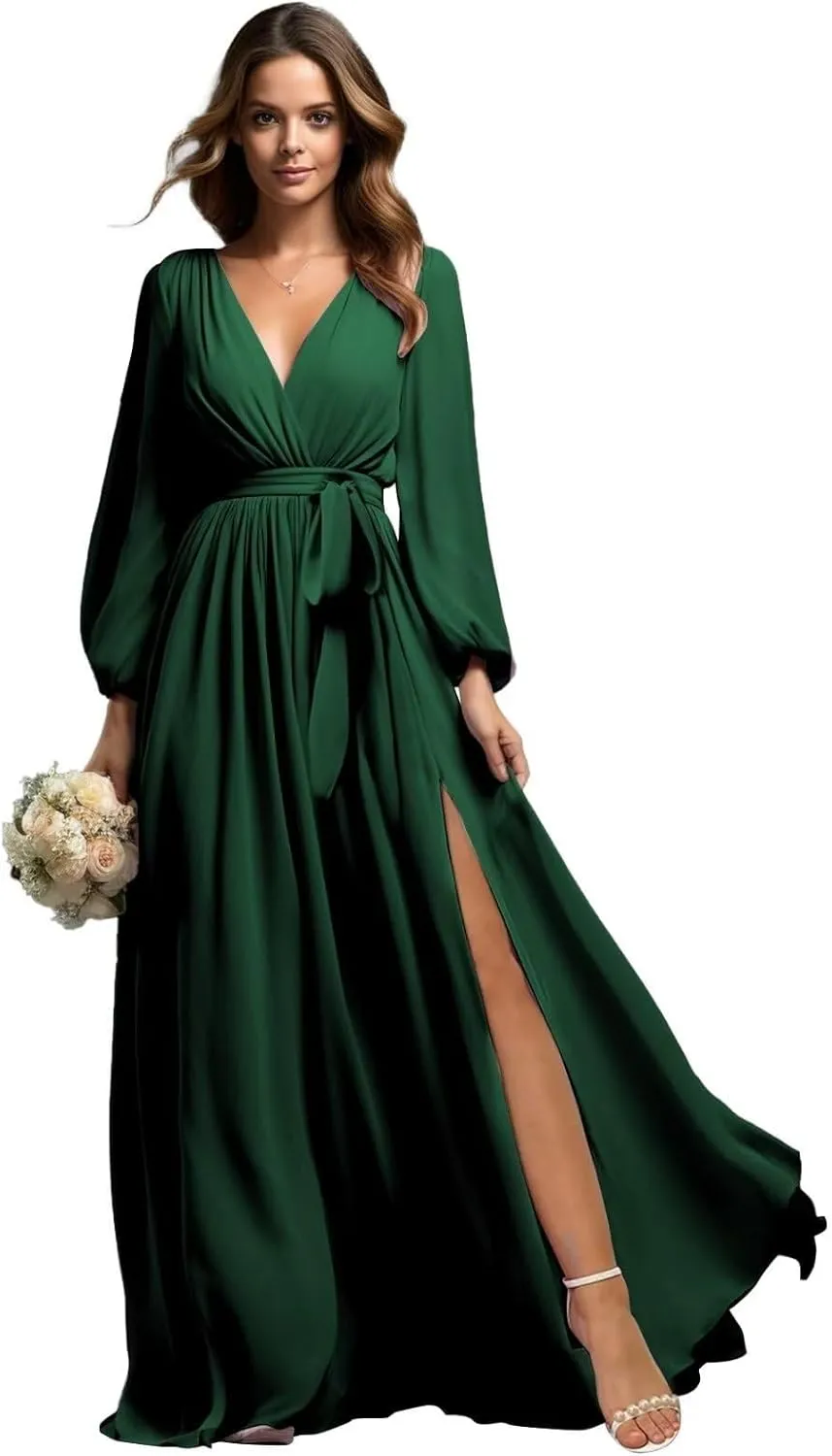 Chiffon Bridesmaid Dresses for Wedding with Sleeves Long Slit V-Neck Prom Dress for Women Formal B039