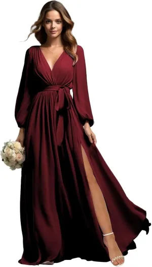 Chiffon Bridesmaid Dresses for Wedding with Sleeves Long Slit V-Neck Prom Dress for Women Formal B039