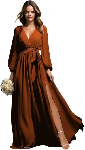 Chiffon Bridesmaid Dresses for Wedding with Sleeves Long Slit V-Neck Prom Dress for Women Formal B039