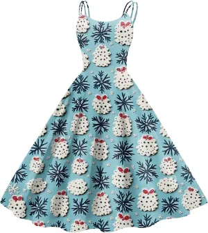 Christmas Sleeveless Dresses for Women Cocktail Santa Claus Reindeer Pattern Prom Dresses 2024 Winter Holiday Clothes