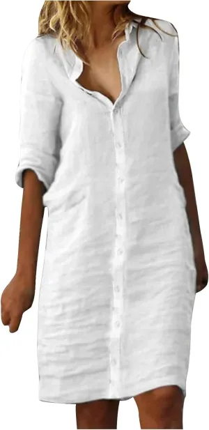 Cotton Linen Shirt Dress for Women Button Down 1/2 Sleeve Lapel Midi Dresses Summer Beach Travel Vacation Outfit 2025