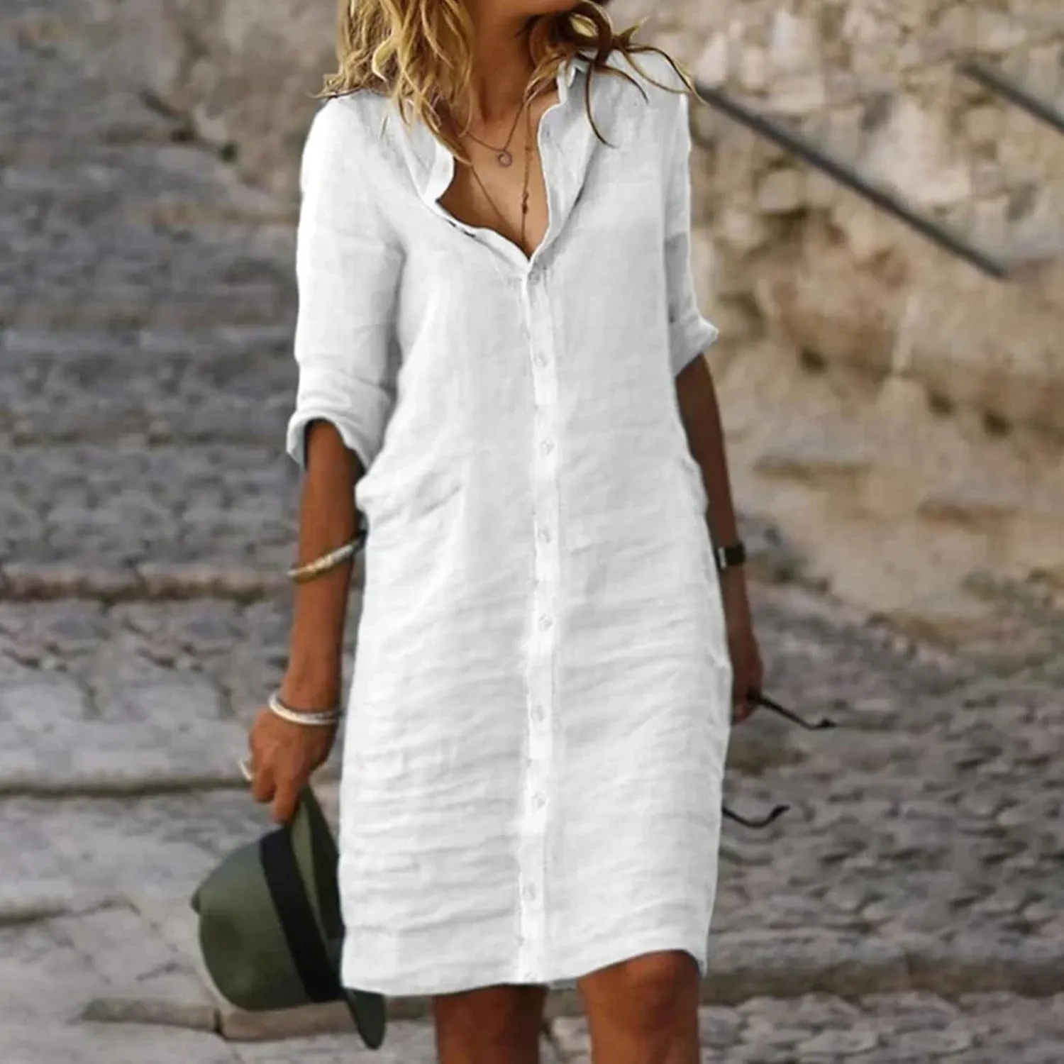 Cotton Linen Shirt Dress for Women Button Down 1/2 Sleeve Lapel Midi Dresses Summer Beach Travel Vacation Outfit 2025