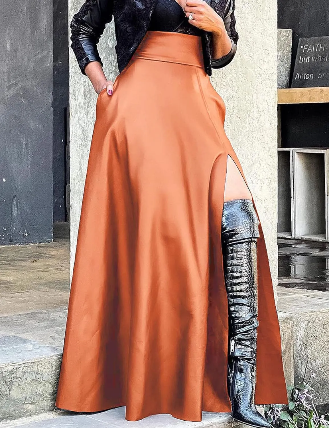 CXINS Women's Sexy High Waist PU Leather High Slit Pleated A-Line Swing Maxi Skirt with Pockets
