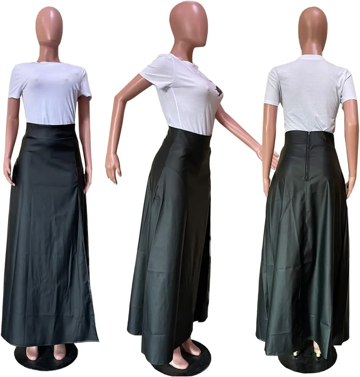 CXINS Women's Sexy High Waist PU Leather High Slit Pleated A-Line Swing Maxi Skirt with Pockets