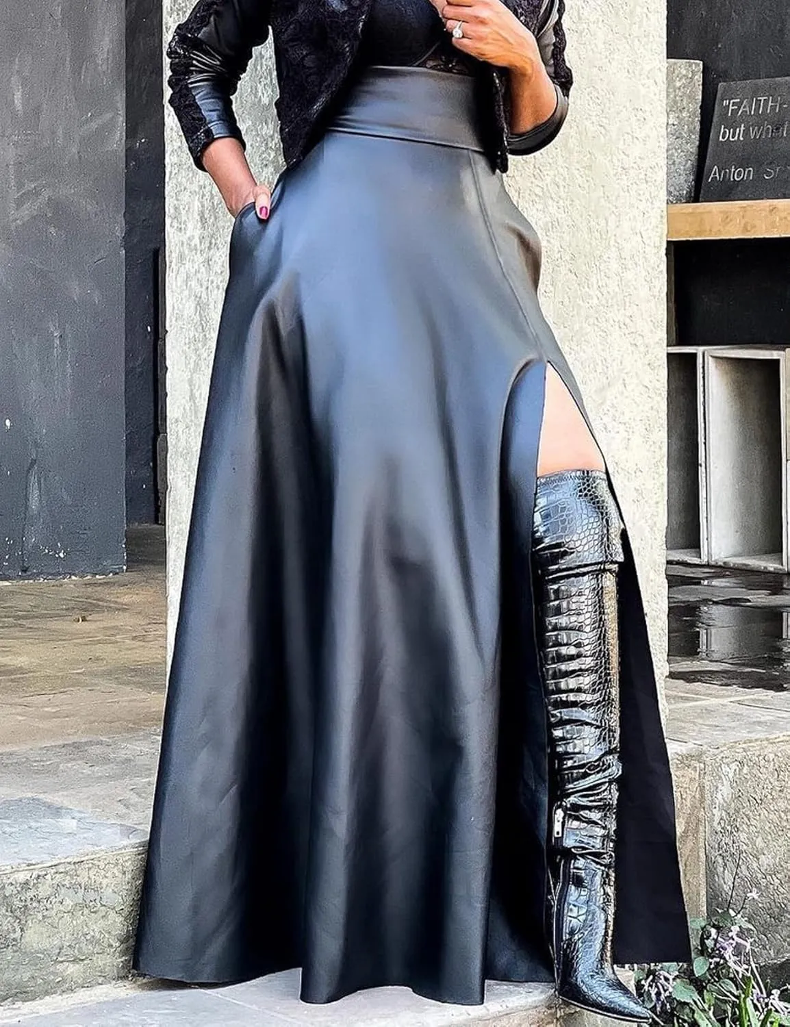 CXINS Women's Sexy High Waist PU Leather High Slit Pleated A-Line Swing Maxi Skirt with Pockets