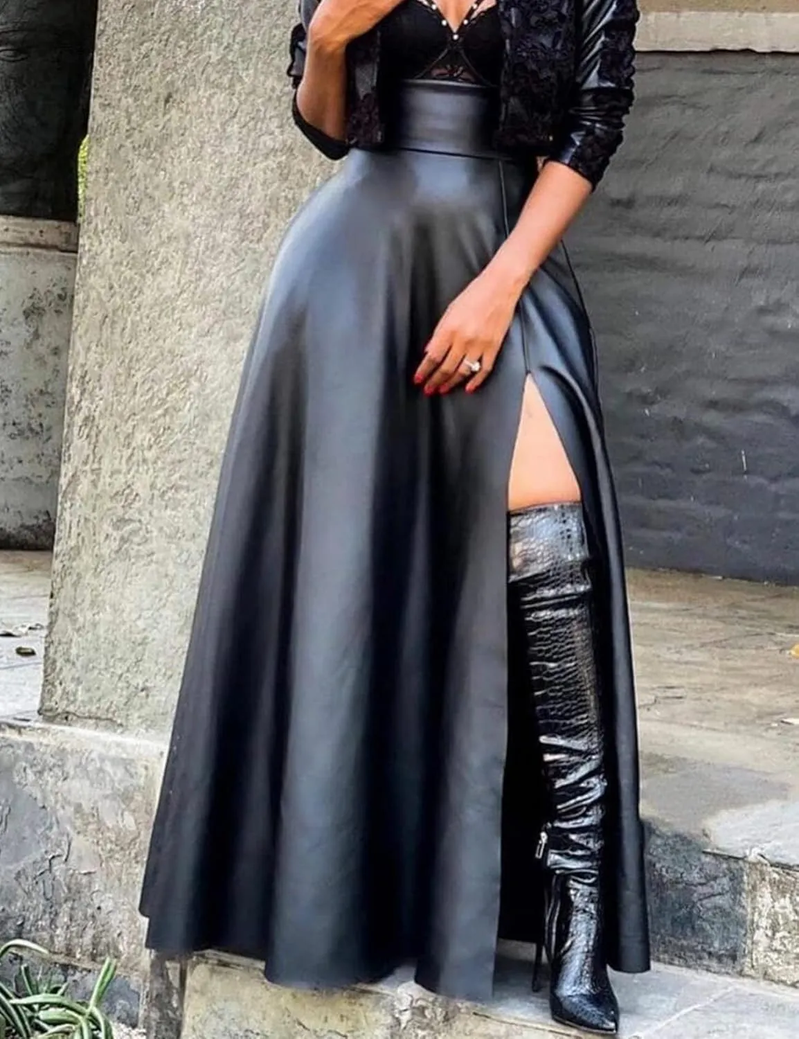 CXINS Women's Sexy High Waist PU Leather High Slit Pleated A-Line Swing Maxi Skirt with Pockets