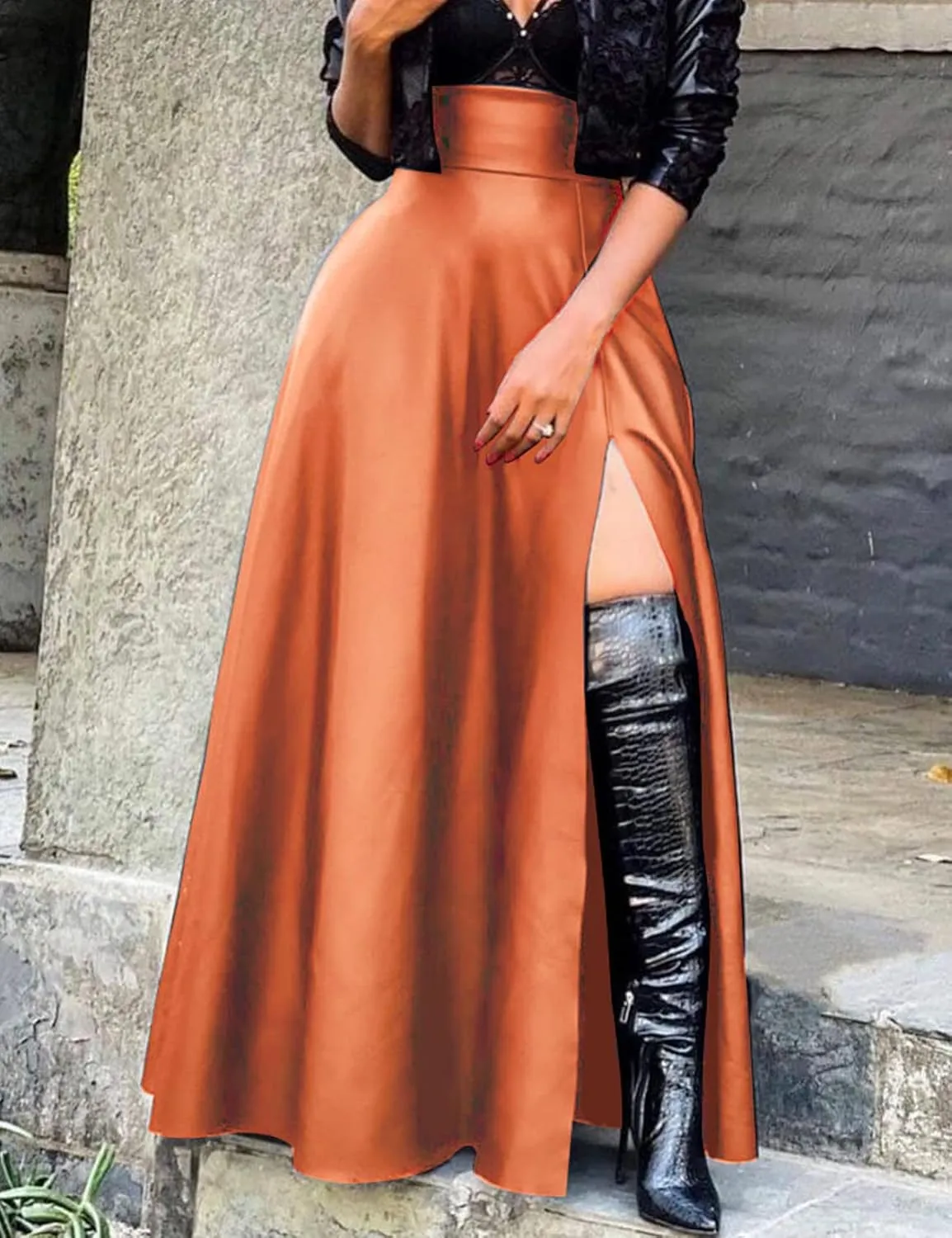 CXINS Women's Sexy High Waist PU Leather High Slit Pleated A-Line Swing Maxi Skirt with Pockets