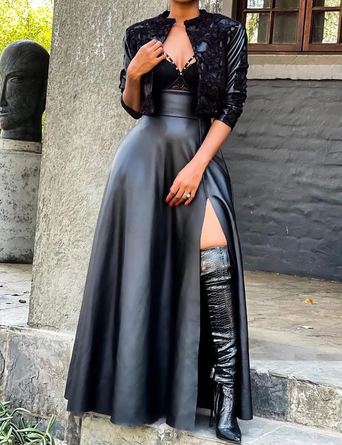 CXINS Women's Sexy High Waist PU Leather High Slit Pleated A-Line Swing Maxi Skirt with Pockets