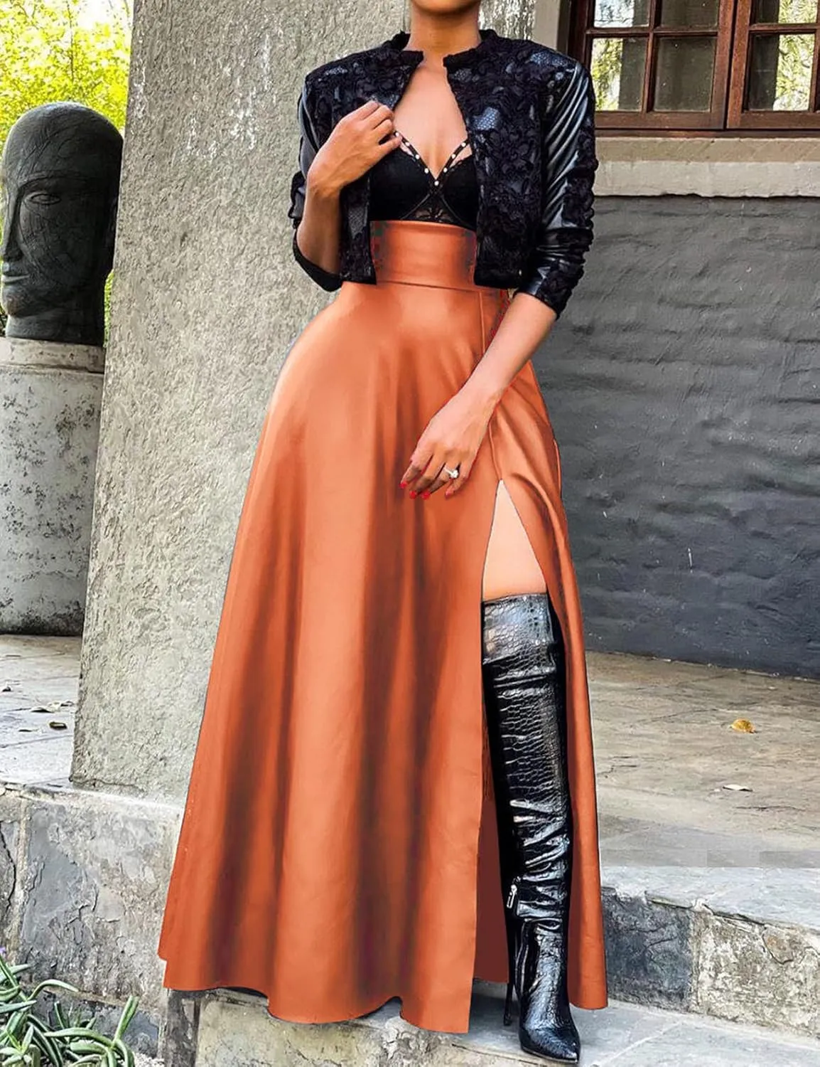 CXINS Women's Sexy High Waist PU Leather High Slit Pleated A-Line Swing Maxi Skirt with Pockets