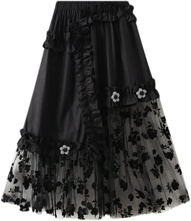 Design Irregular Skirt with Flower Women Tulle Summer Midi Skirt