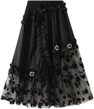 Design Irregular Skirt with Flower Women Tulle Summer Midi Skirt