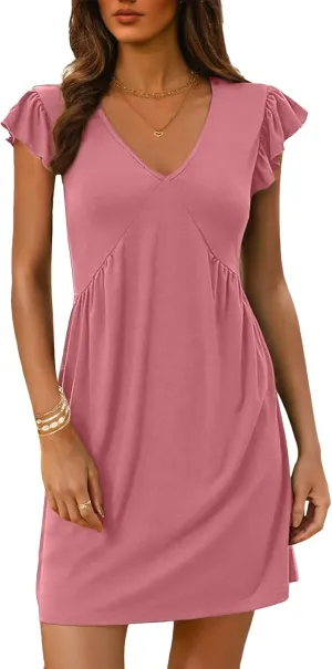 Dresses for Women 2025 Deep V Neck Loose Sundress Ruffle Sleeve Flowy Mini Dress Vacation Holiday Dresses