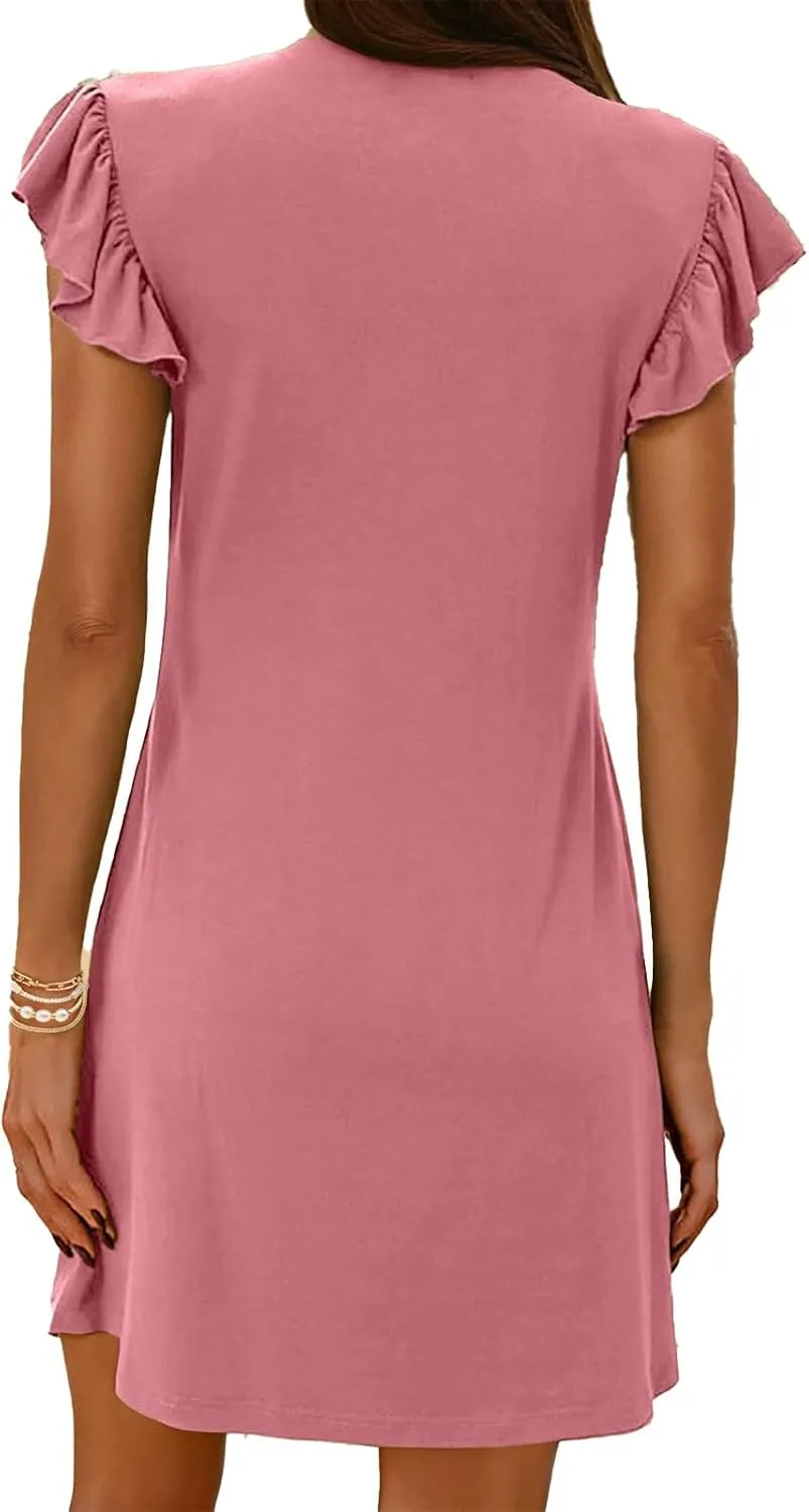 Dresses for Women 2025 Deep V Neck Loose Sundress Ruffle Sleeve Flowy Mini Dress Vacation Holiday Dresses