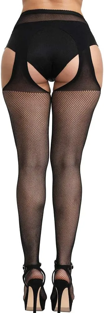 E-Laurels Womens High Waist Patterned Fishnet Tights Suspenders Pantyhose Thigh High Stockings Black