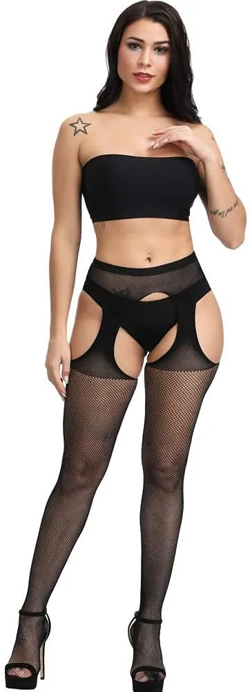 E-Laurels Womens High Waist Patterned Fishnet Tights Suspenders Pantyhose Thigh High Stockings Black