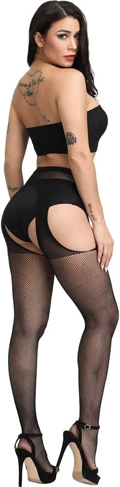 E-Laurels Womens High Waist Patterned Fishnet Tights Suspenders Pantyhose Thigh High Stockings Black