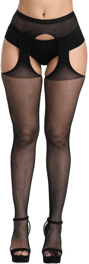 E-Laurels Womens High Waist Patterned Fishnet Tights Suspenders Pantyhose Thigh High Stockings Black