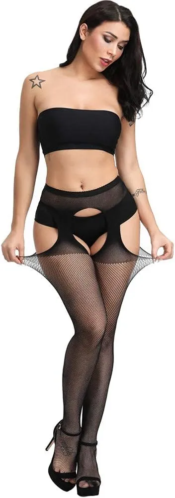 E-Laurels Womens High Waist Patterned Fishnet Tights Suspenders Pantyhose Thigh High Stockings Black