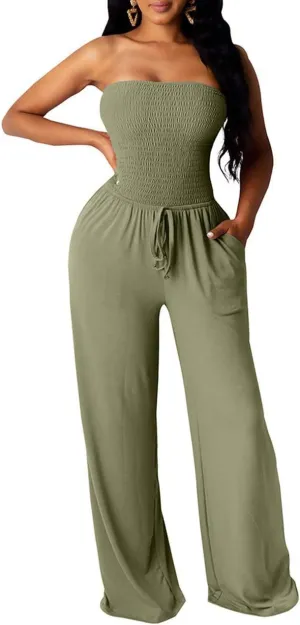 ECDAHICC Women's Strapless Tube Top Rompers Casual Off Shoulder Solid Color Belted Wide Leg Jumpsuit with Pockets